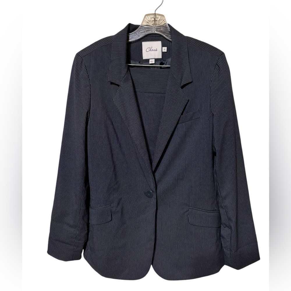 Chaus Size 14 Two Piece Pinstriped Navy Blue Suit EUC